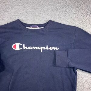 Champion Sweatshirt Men M Navy Blue Script Logo Crewneck Pullover Fleece y2k